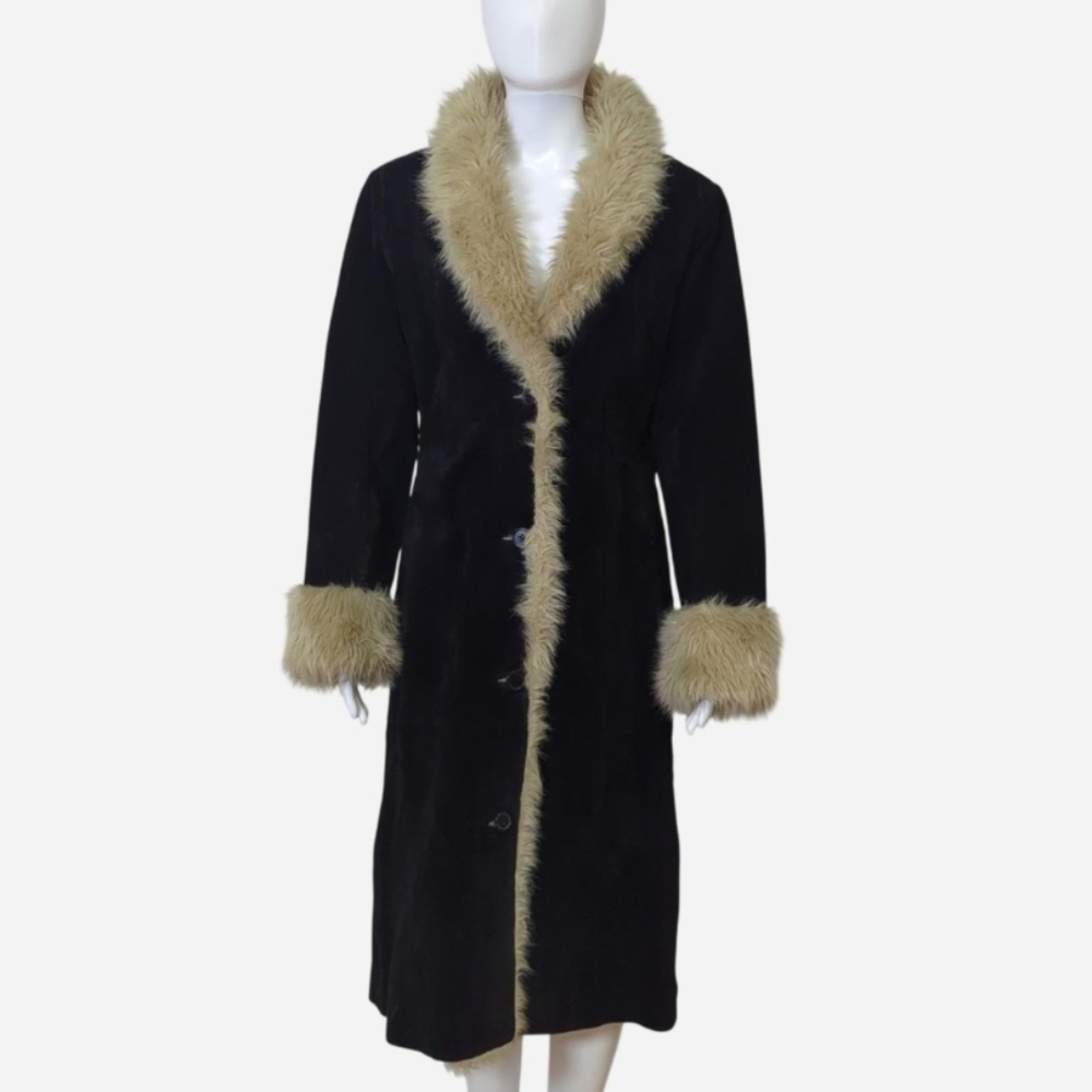 Y2K Long Black suede Afghan Penny Lane coat with tan faux fur trim by B Lucid